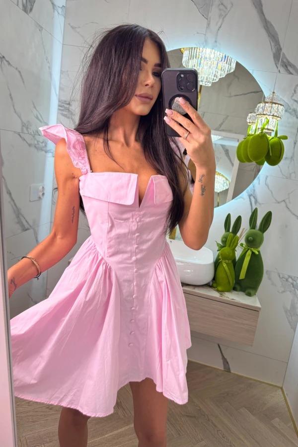 Sukienka mini rozkloszowana z guzikami 100% bawełna PRINCESS cukierkowy róż 09