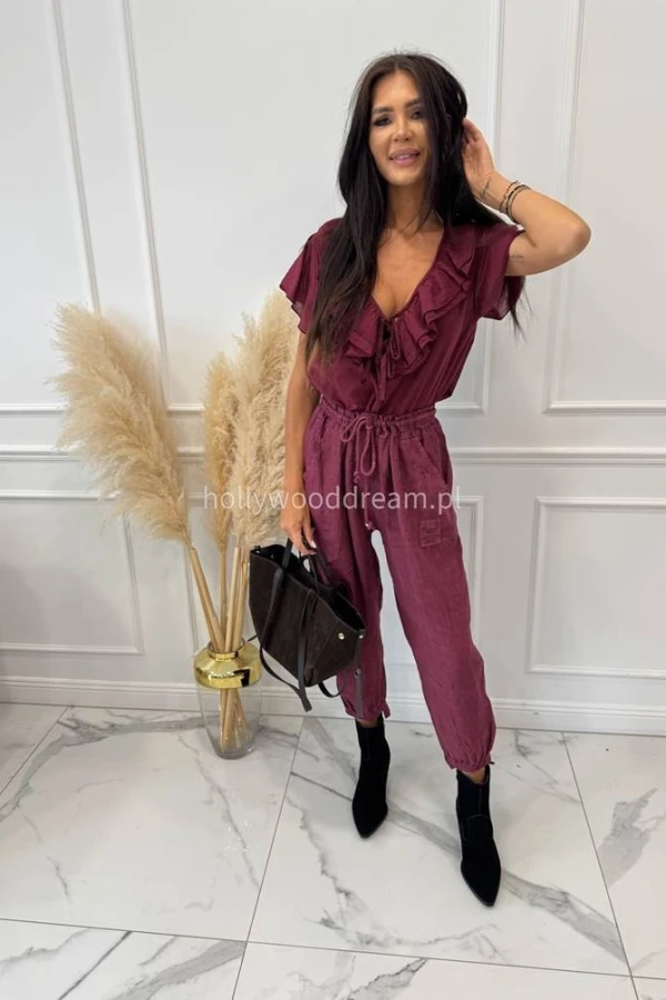 Spodnie 100 % len z wiązaniem w pasie bordowe KSENIA