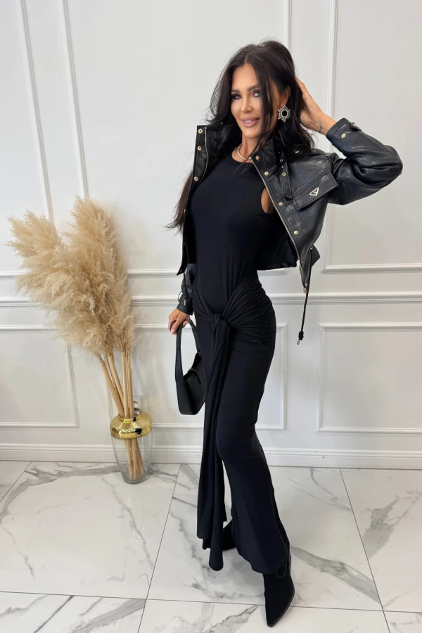 Sukienka maxi na ramiączkach z wiązaniem i marszczeniem czarna TINA