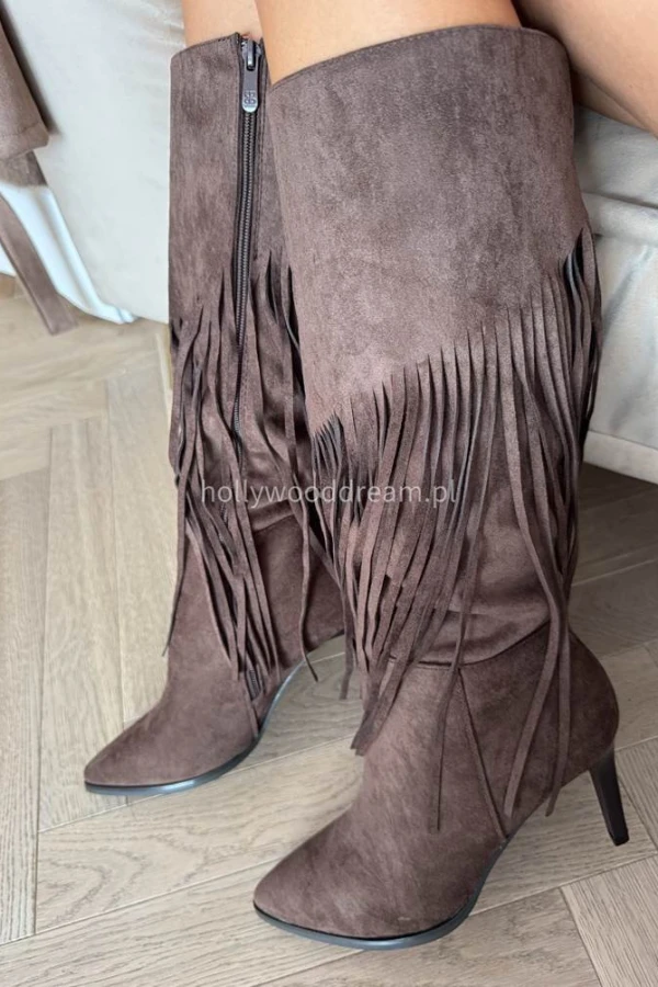 Kozaki zamszowe na obcasie z frędzlami długie czekoladowe HERMAN