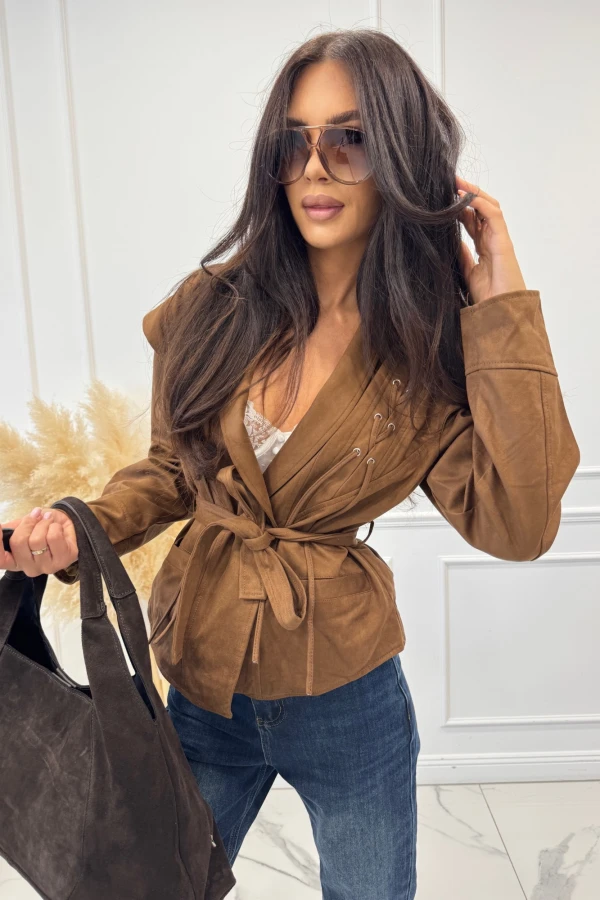 Kurtka zamszowa zdobiona sznurowaniem i paskiem czekoladowa LILKA 09