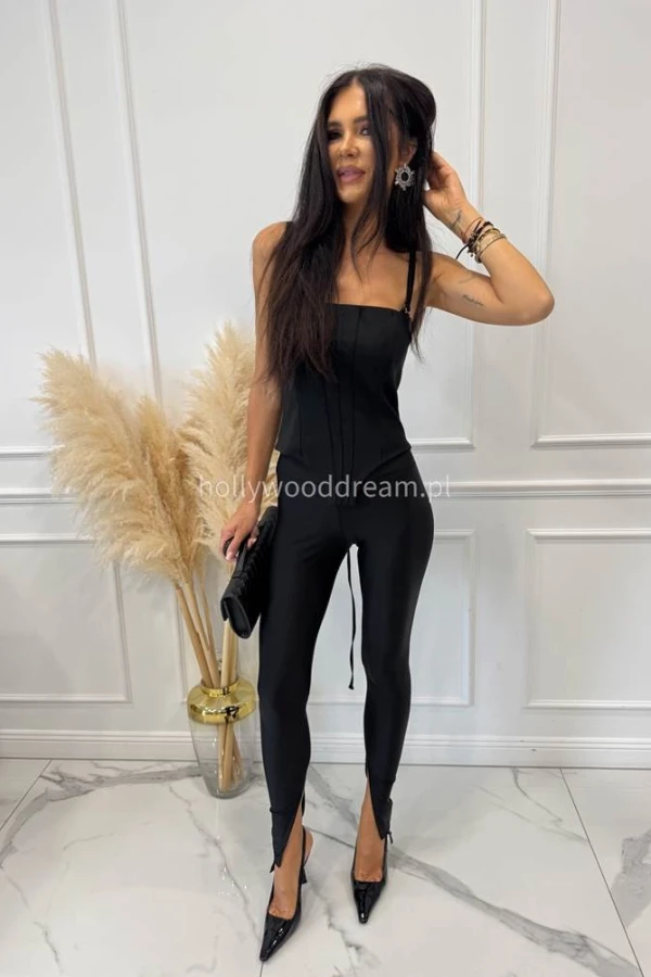 Legginsy z połyskującego materiału i wysoką gumką w pasie czarne MILAN 161