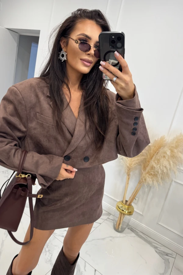 Brązowy komplet zamszowy krótka marynarka+spódniczka mini IWO 69