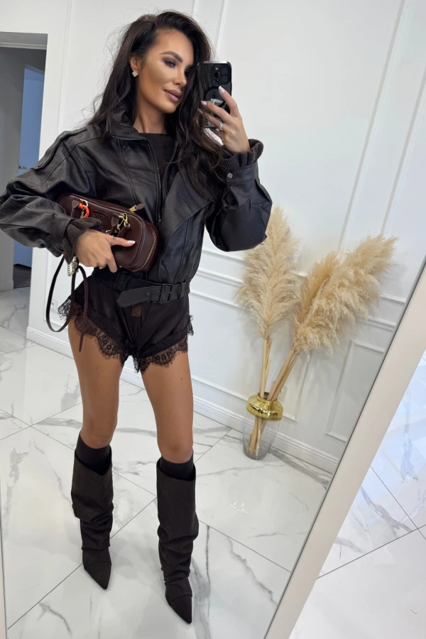 Czekoladowe spodenki satynowe wykończone koronką ISABELL 19