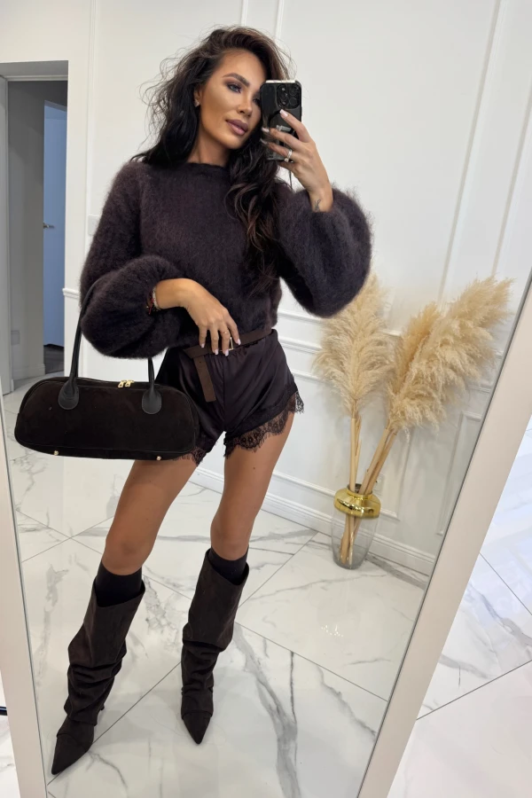 Ciemno czekoladowy sweter moherowy z poszerzanymi rękawami WALENCJA 52