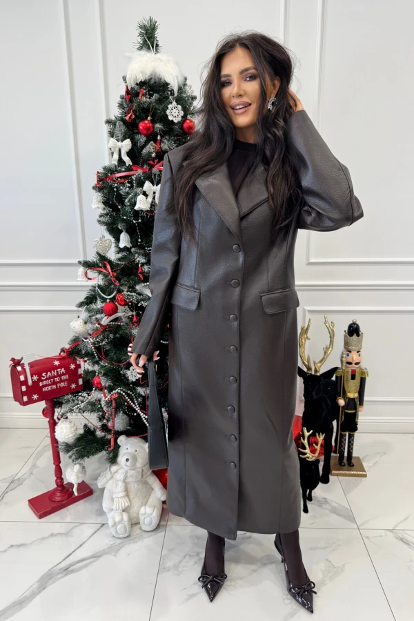 Brązowy długi płaszcz z guzikami po całości i kieszeniami ARTEMIS 25