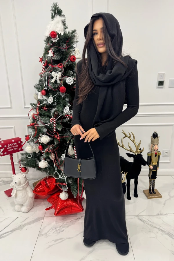 Czarna sukienka maxi sweterkowa z długim rękawem i wyciętymi plecami + szal MIRABEL 161