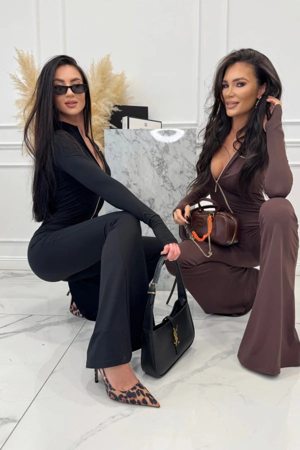 Brązowy kombinezon zapinany na zamek z nogawką typu dzwon MIDNIGHT 163