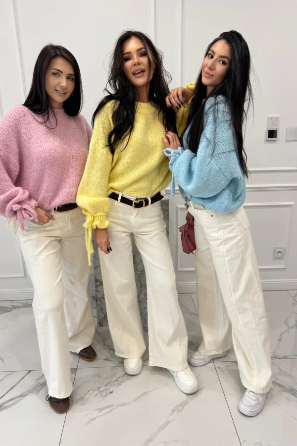 Kremowe spodnie jeansowe bawełniane z szeroką nogawką RAFIL 52