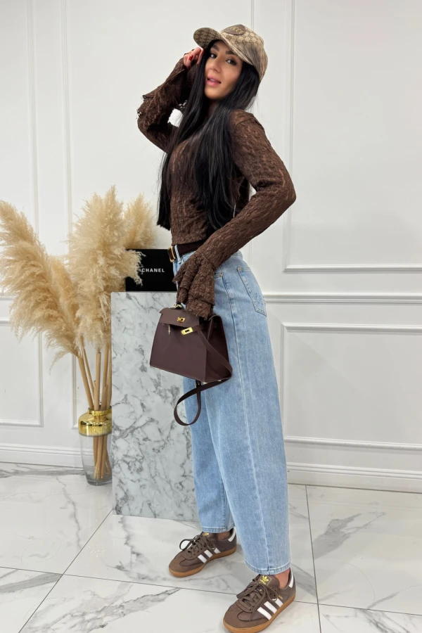 Jasno niebieskie spodnie jeansowe z szeroką nogawką i przetarciami na kieszeniach ANDREW 52