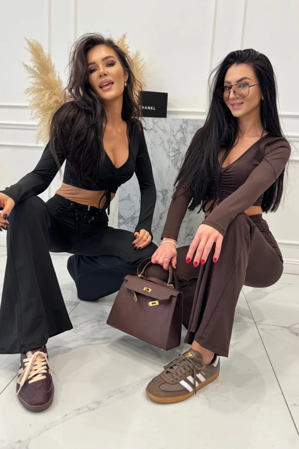 Brązowe legginsy dzwony z wiązaniem w talii Albina 29