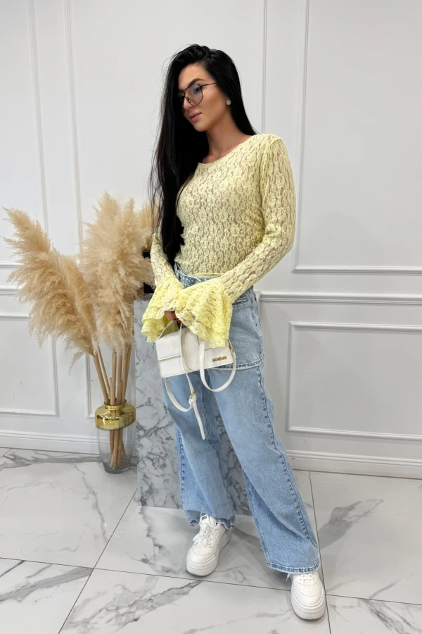 Żółta bluzka transparentna z wzorem i rękawem dzwonek SMITH 02