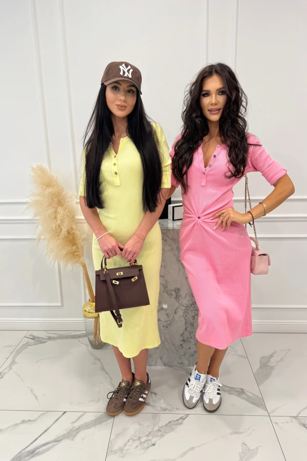 Żółta sukienka midi w prążek na długi rękaw z guziczkami 95% bawełna SAMI 24