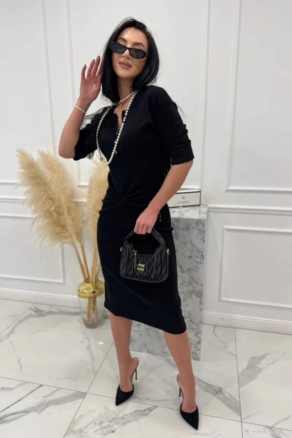 Czarna sukienka midi w prążek na długi rękaw z guziczkami 95% bawełna SAMI 24