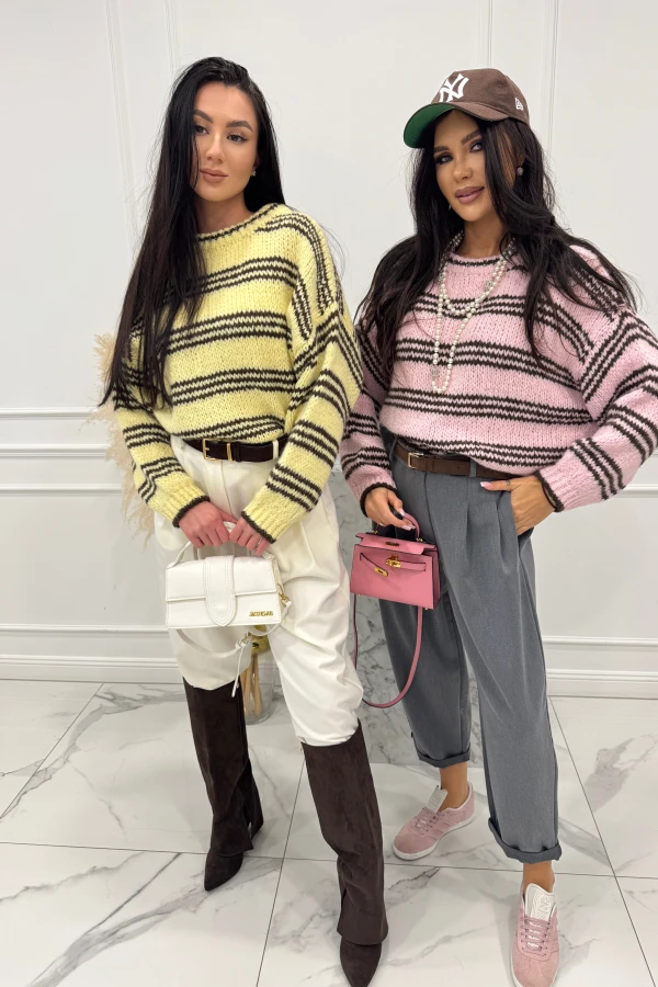 Żółto-brązowy sweter w paski z wełną, wiskozą i alpaką AMBROS 06