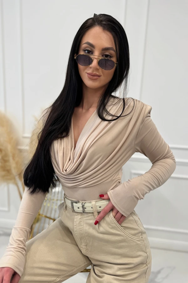 Beżowa bluzka na długi rękaw z lejącym dekoltem ZURI 09