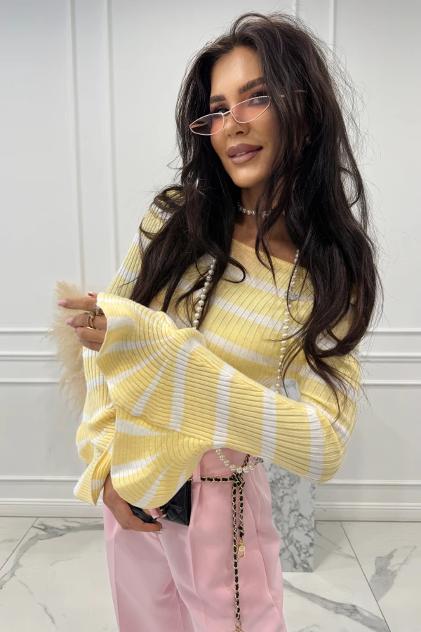 Żółto-biała bluzka prążkowana w paski z falbanami przy rękawach 68% wiskoza TIANA 09