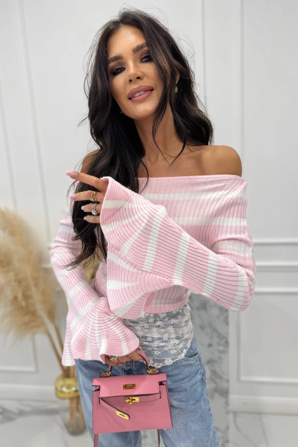 Różowo-biała bluzka prążkowana w paski z falbanami przy rękawach 68% wiskoza TIANA 09