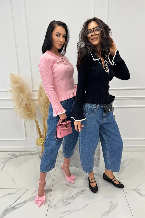 Czarny cienki sweterek z lamówką i pozłacanymi guzikami 51% wiskoza CUTE 09