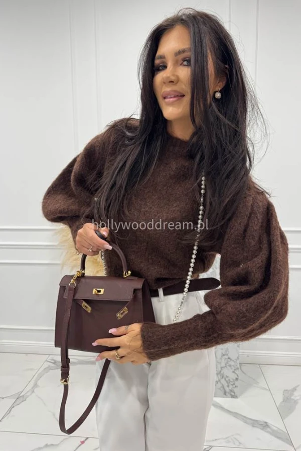 Brązowy sweter oversize z dużym ściągaczem przy rękawach Teddy